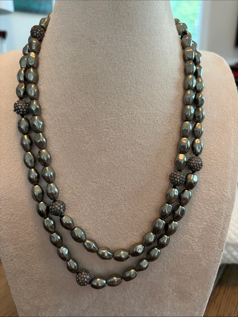 Lia Sophia Double-Strand Gunmetal Pearl Necklace with Pave Spheres